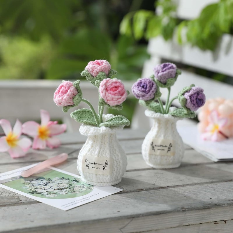 YOOJEE Crochet Flower Pot Valentines Day Gift for Women Him Her Boyfriend Girlfriend Couples Wife Husband Coworker Teacher Birthday Valentines Handmade Knitted Pink Rose Plant Home Decoration - Image 3